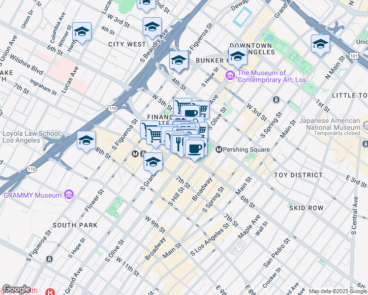 map of restaurants, bars, coffee shops, grocery stores, and more near 549 South Olive Street in Los Angeles