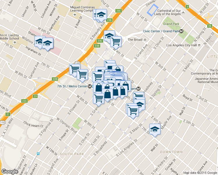 map of restaurants, bars, coffee shops, grocery stores, and more near 615 South Grand Avenue in Los Angeles