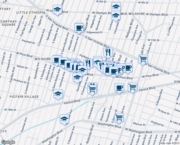 map of restaurants, bars, coffee shops, grocery stores, and more near 5259 West Pico Boulevard in Los Angeles