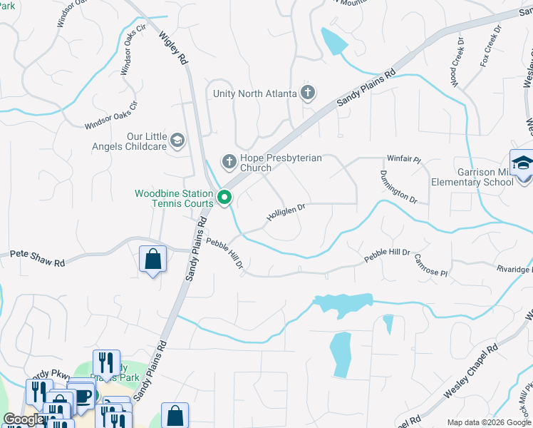map of restaurants, bars, coffee shops, grocery stores, and more near 3385 Holliglen Drive in Marietta