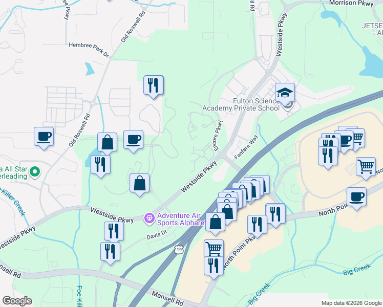 map of restaurants, bars, coffee shops, grocery stores, and more near 468 Altissimo Drive in Alpharetta