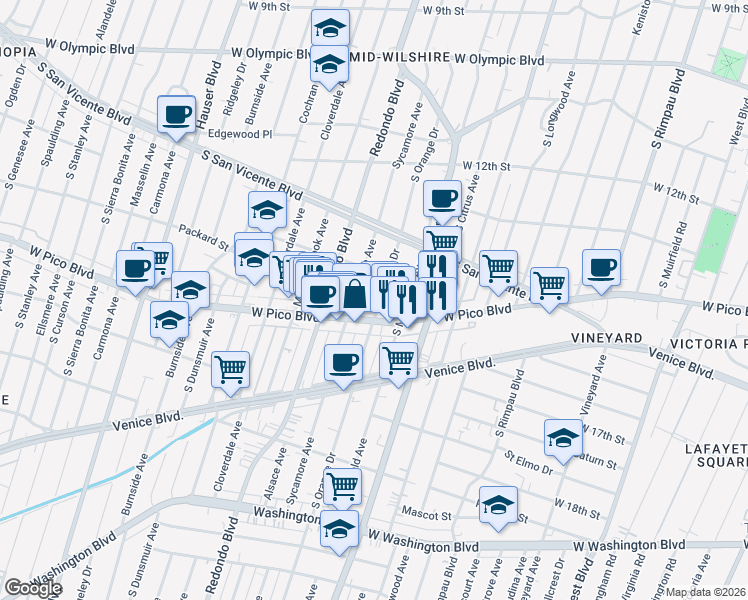 map of restaurants, bars, coffee shops, grocery stores, and more near 1387 South Orange Drive in Los Angeles