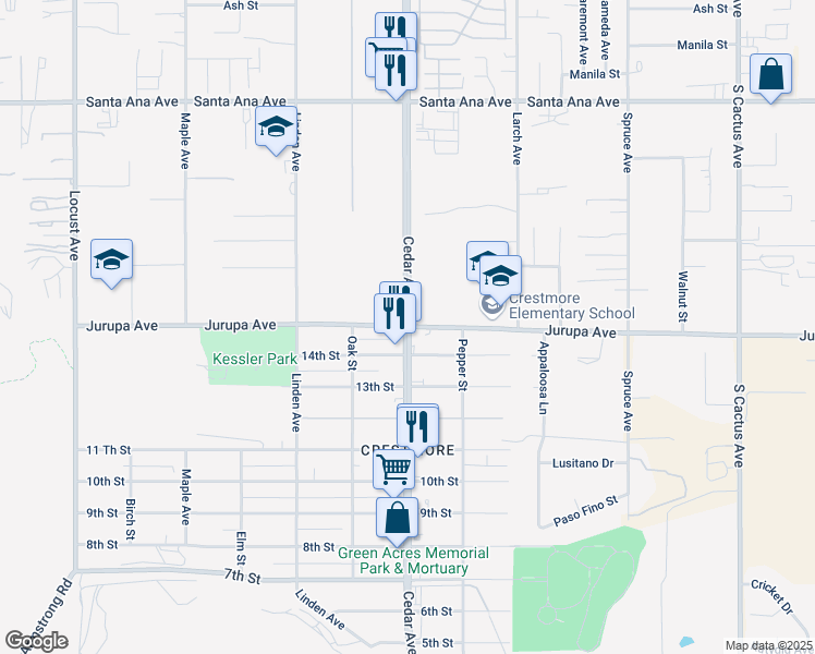 map of restaurants, bars, coffee shops, grocery stores, and more near Jurupa Ave & Cedar Ave in Bloomington