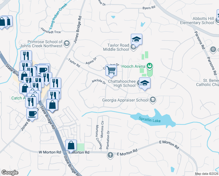map of restaurants, bars, coffee shops, grocery stores, and more near 5051 Anclote Drive in Alpharetta