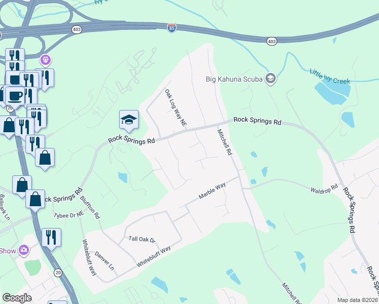 map of restaurants, bars, coffee shops, grocery stores, and more near 1575 Hornet Court in Buford