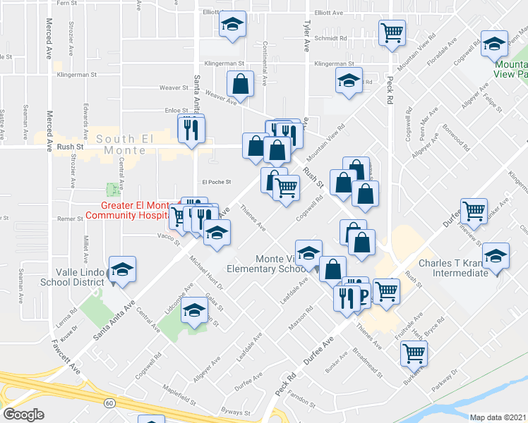 map of restaurants, bars, coffee shops, grocery stores, and more near 1819 Floradale Ave in South El Monte