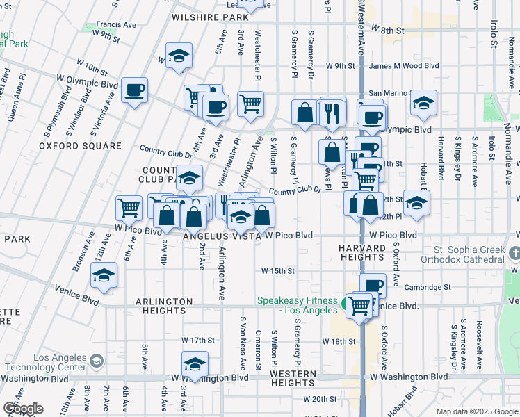map of restaurants, bars, coffee shops, grocery stores, and more near 1222 South Van Ness Avenue in Los Angeles