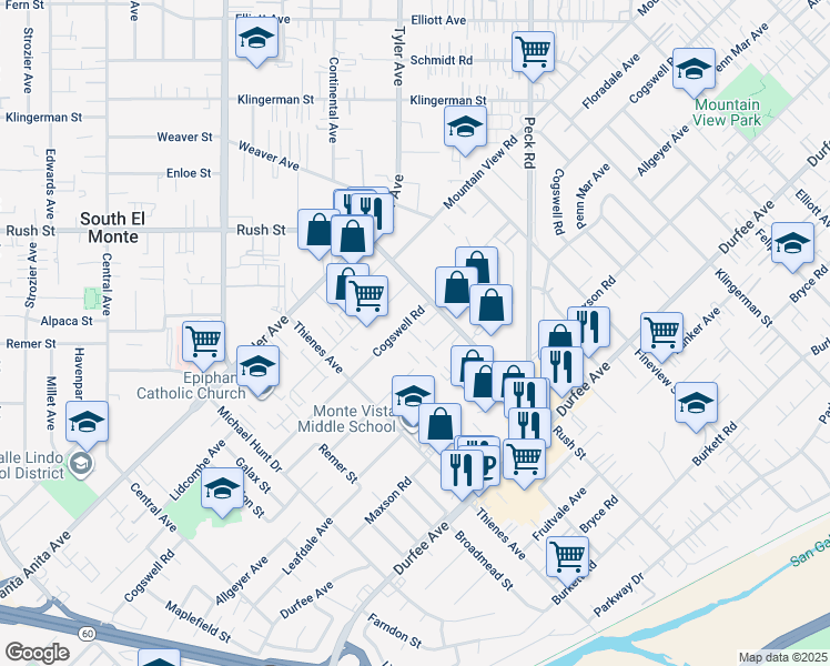 map of restaurants, bars, coffee shops, grocery stores, and more near 1924 Cogswell Road in South El Monte