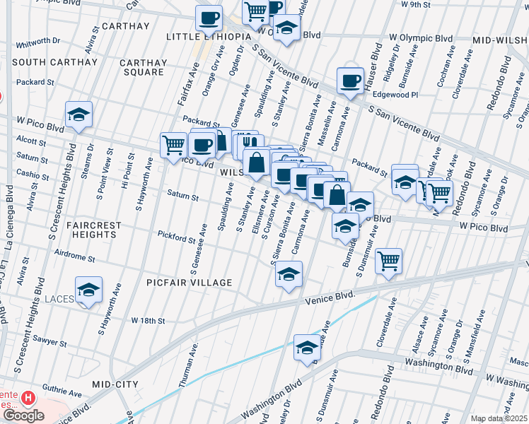 map of restaurants, bars, coffee shops, grocery stores, and more near 1442 Ellsmere Avenue in Los Angeles