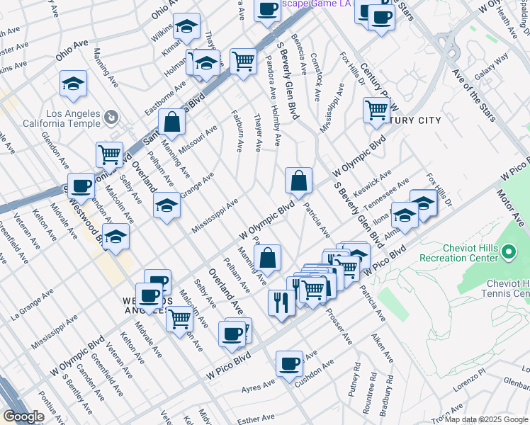 map of restaurants, bars, coffee shops, grocery stores, and more near 2146 Prosser Avenue in Los Angeles