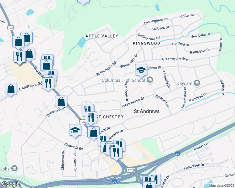 map of restaurants, bars, coffee shops, grocery stores, and more near 202 Luther Road in Columbia