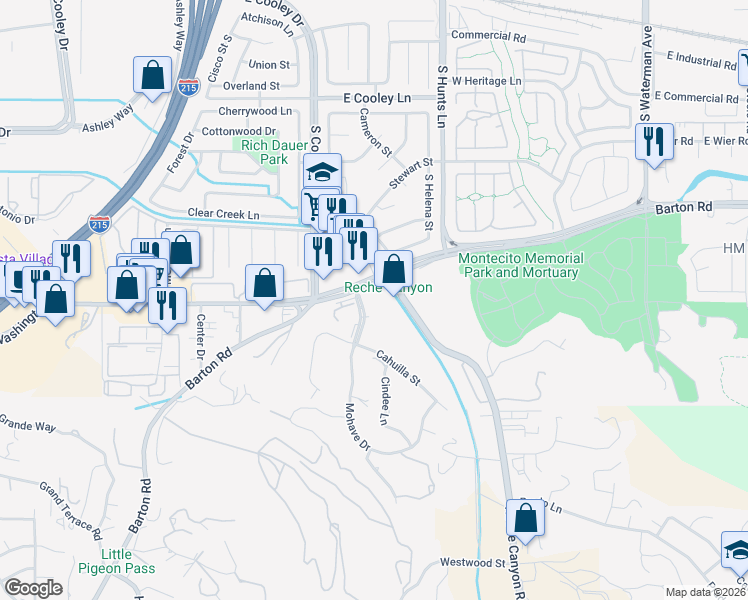 map of restaurants, bars, coffee shops, grocery stores, and more near 1170 Mohave Drive in Colton