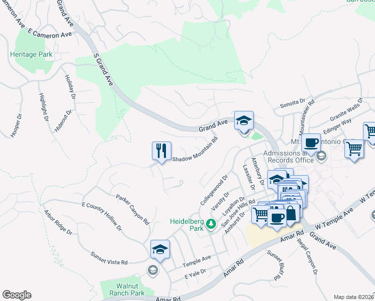 map of restaurants, bars, coffee shops, grocery stores, and more near 1714 Mount Marty Drive in Walnut