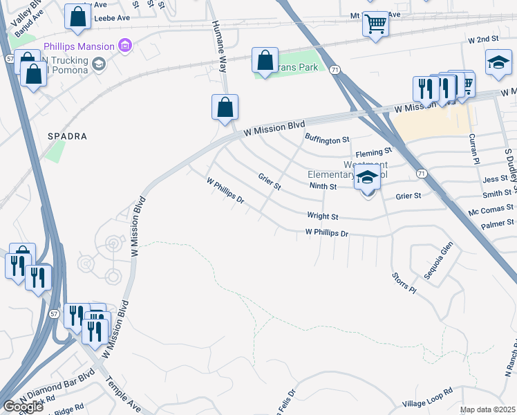 map of restaurants, bars, coffee shops, grocery stores, and more near 1901 West Phillips Drive in Pomona