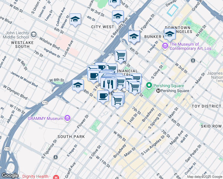 map of restaurants, bars, coffee shops, grocery stores, and more near 727 West 7th Street in Los Angeles