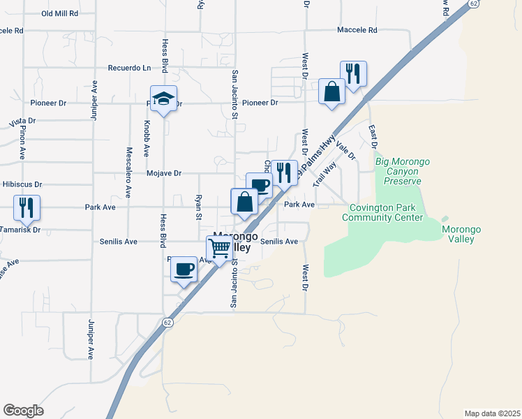 map of restaurants, bars, coffee shops, grocery stores, and more near 49780 Twentynine Palms Highway in Morongo Valley