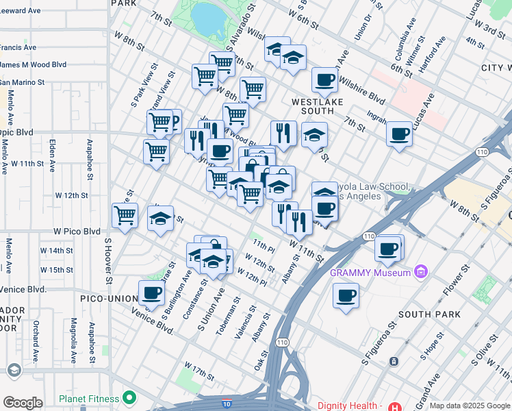 map of restaurants, bars, coffee shops, grocery stores, and more near 1029 South Union Avenue in Los Angeles