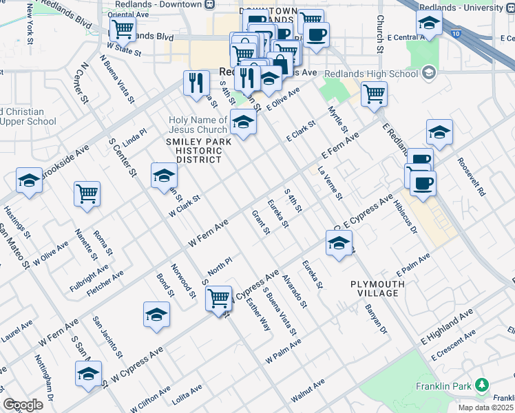 map of restaurants, bars, coffee shops, grocery stores, and more near 223 West Fern Avenue in Redlands
