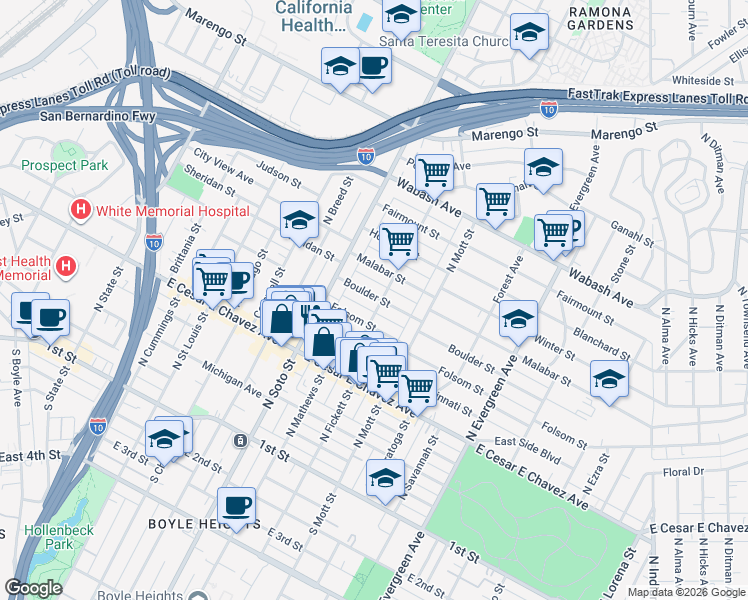 map of restaurants, bars, coffee shops, grocery stores, and more near Boulder Street in Los Angeles