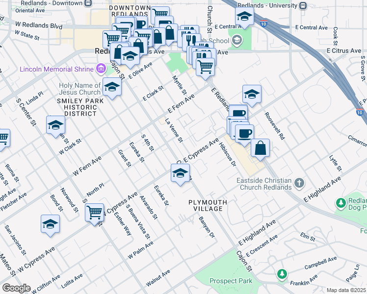 map of restaurants, bars, coffee shops, grocery stores, and more near 127 East Cypress Avenue in Redlands