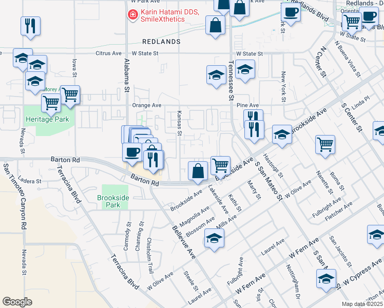 map of restaurants, bars, coffee shops, grocery stores, and more near 1388 Milburn Avenue in Redlands