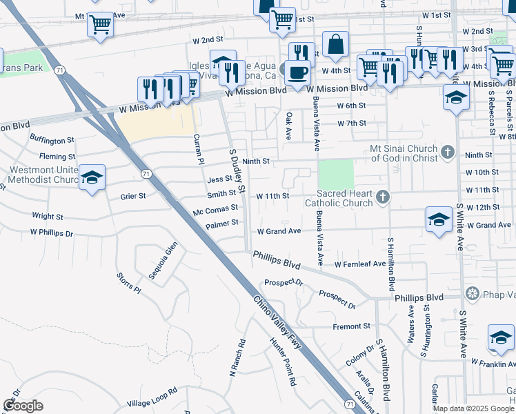map of restaurants, bars, coffee shops, grocery stores, and more near 1152 Hansen Avenue in Pomona