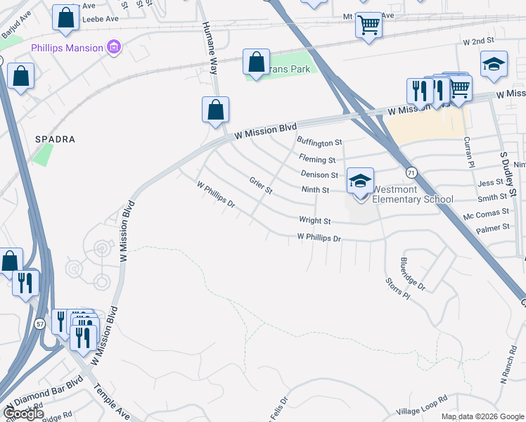 map of restaurants, bars, coffee shops, grocery stores, and more near 1896 Wright Street in Pomona