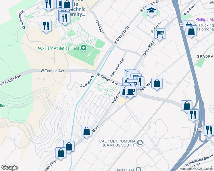 map of restaurants, bars, coffee shops, grocery stores, and more near 3400 Poly Vista in Pomona