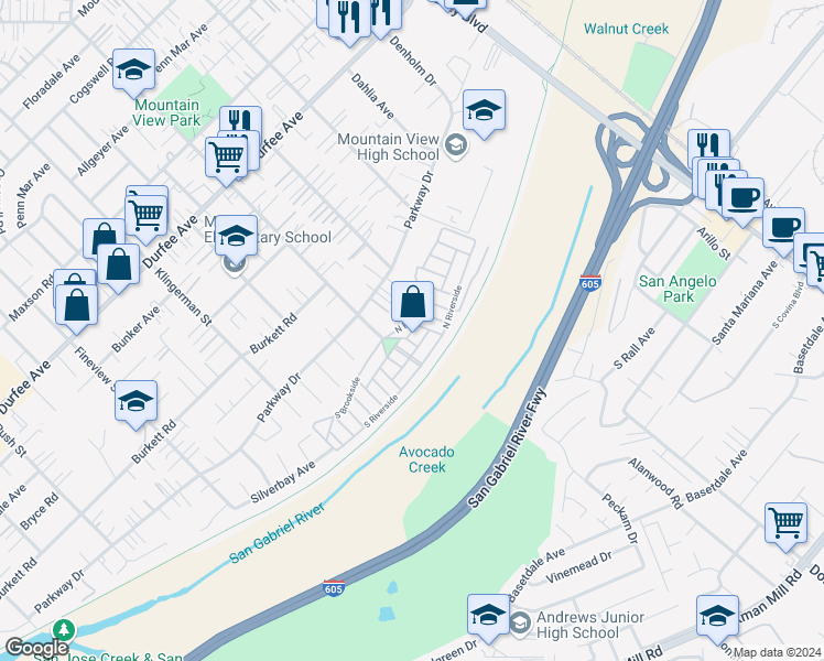 map of restaurants, bars, coffee shops, grocery stores, and more near 251 North Brookside in El Monte