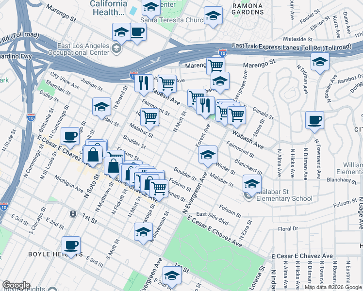 map of restaurants, bars, coffee shops, grocery stores, and more near 2751 Winter Street in Los Angeles