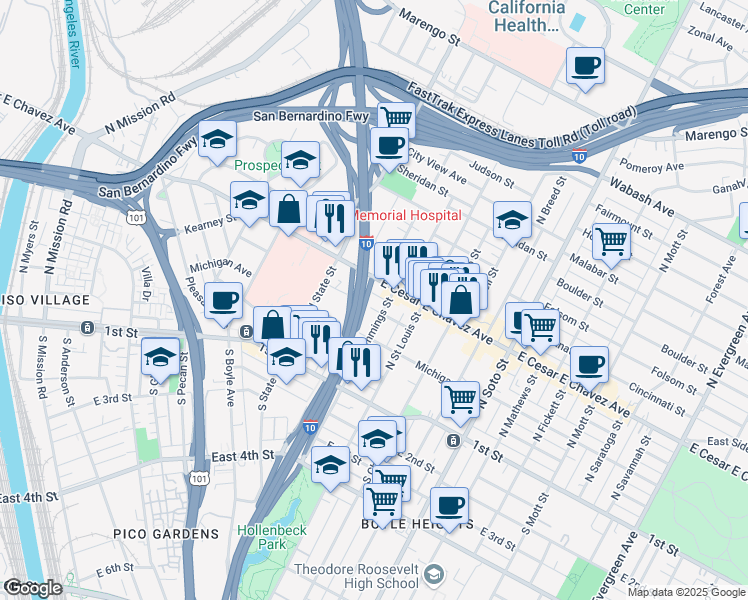 map of restaurants, bars, coffee shops, grocery stores, and more near 1965 New Jersey Street in Los Angeles