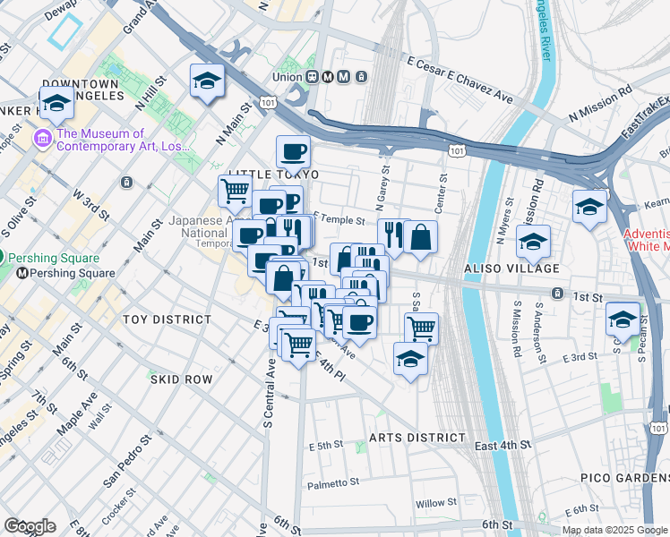 map of restaurants, bars, coffee shops, grocery stores, and more near in Los Angeles