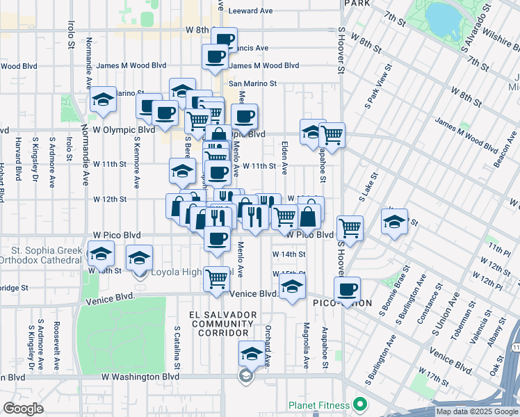 map of restaurants, bars, coffee shops, grocery stores, and more near 1220 Menlo Avenue in Los Angeles