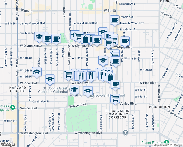 map of restaurants, bars, coffee shops, grocery stores, and more near 1215 Dewey Avenue in Los Angeles