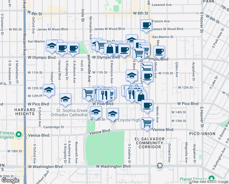 map of restaurants, bars, coffee shops, grocery stores, and more near 1215 Dewey Avenue in Los Angeles
