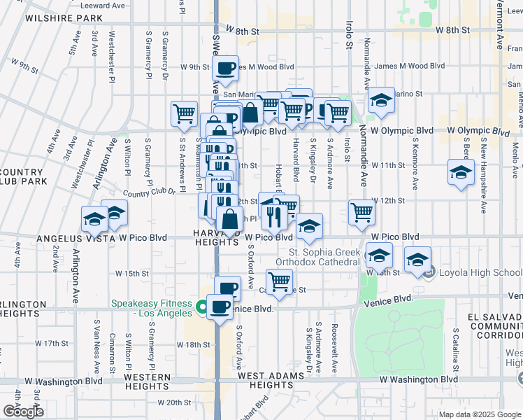 map of restaurants, bars, coffee shops, grocery stores, and more near 1223 South Serrano Avenue in Los Angeles