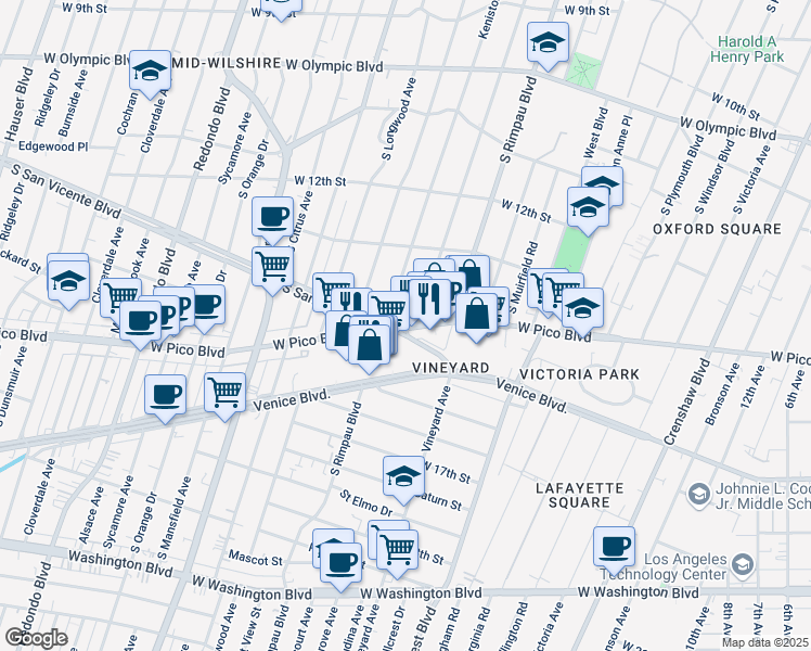 map of restaurants, bars, coffee shops, grocery stores, and more near in Los Angeles