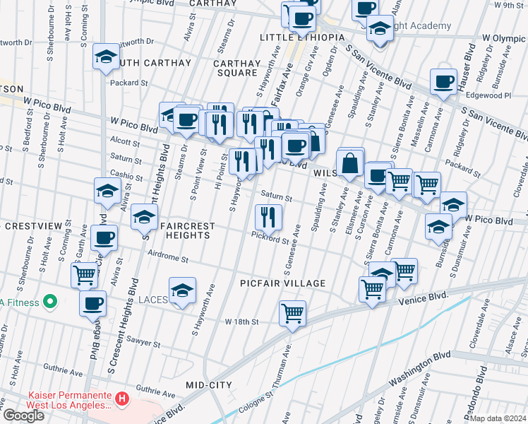 map of restaurants, bars, coffee shops, grocery stores, and more near 1537 South Orange Grove Avenue in Los Angeles