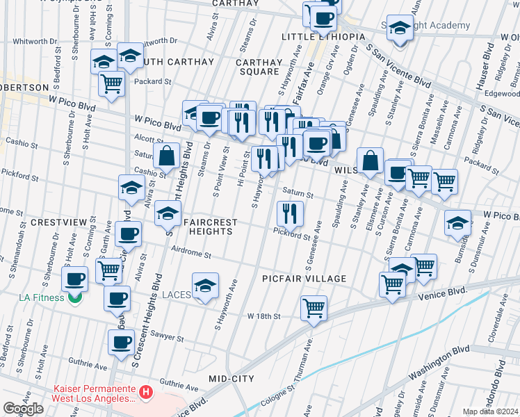 map of restaurants, bars, coffee shops, grocery stores, and more near 1546 South Hayworth Avenue in Los Angeles
