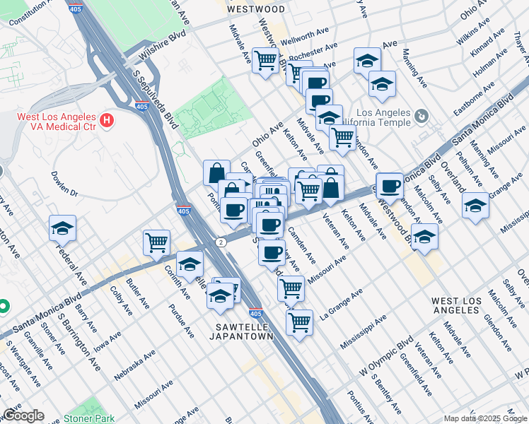 map of restaurants, bars, coffee shops, grocery stores, and more near 11037 California 2 in Los Angeles