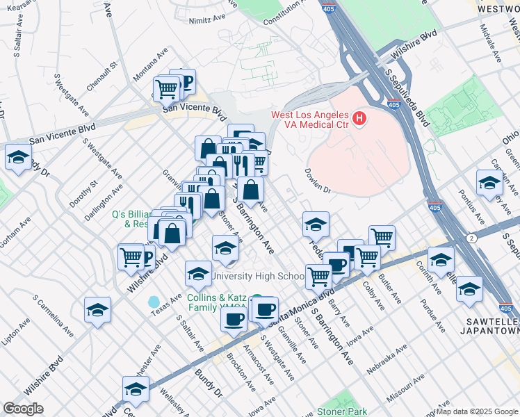 map of restaurants, bars, coffee shops, grocery stores, and more near 1242 South Barrington Avenue in Los Angeles