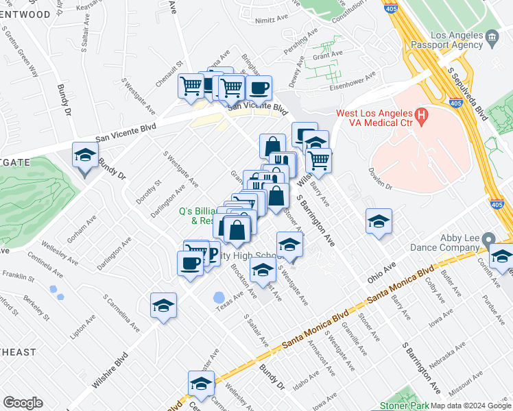 map of restaurants, bars, coffee shops, grocery stores, and more near 11827 Goshen Avenue in Los Angeles