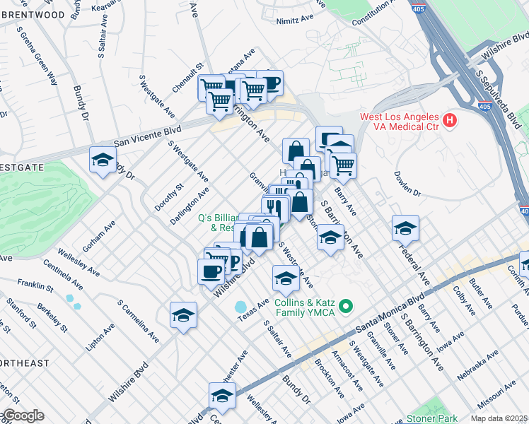 map of restaurants, bars, coffee shops, grocery stores, and more near 11827 Goshen Avenue in Los Angeles