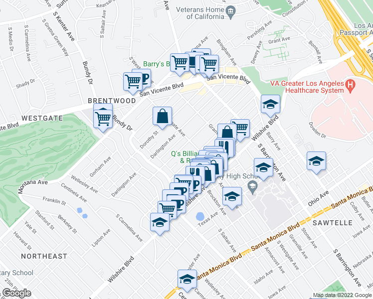 map of restaurants, bars, coffee shops, grocery stores, and more near 11924 Mayfield Avenue in Los Angeles