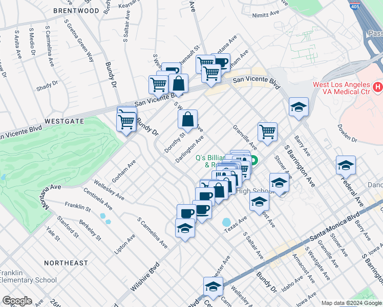 map of restaurants, bars, coffee shops, grocery stores, and more near 11956 Darlington Avenue in Los Angeles
