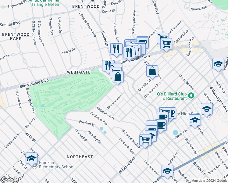 map of restaurants, bars, coffee shops, grocery stores, and more near 12240 Montana Avenue in Los Angeles