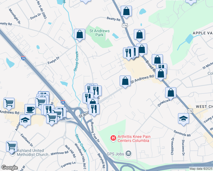 map of restaurants, bars, coffee shops, grocery stores, and more near 3116 Avalee Avenue in Columbia