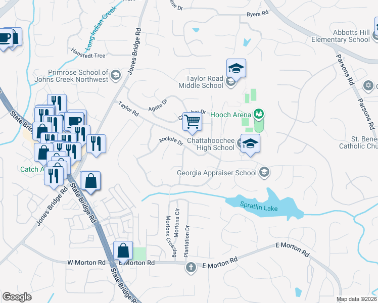 map of restaurants, bars, coffee shops, grocery stores, and more near 5051 Anclote Drive in Alpharetta