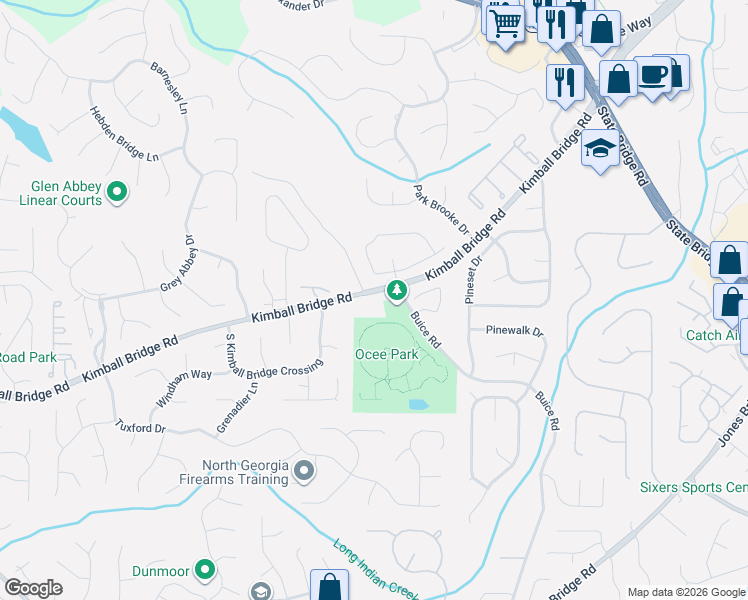 map of restaurants, bars, coffee shops, grocery stores, and more near 4040 Kimball Bridge Road in Alpharetta