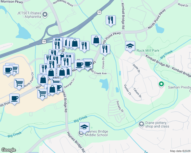 map of restaurants, bars, coffee shops, grocery stores, and more near 2660 Wander Trail in Alpharetta